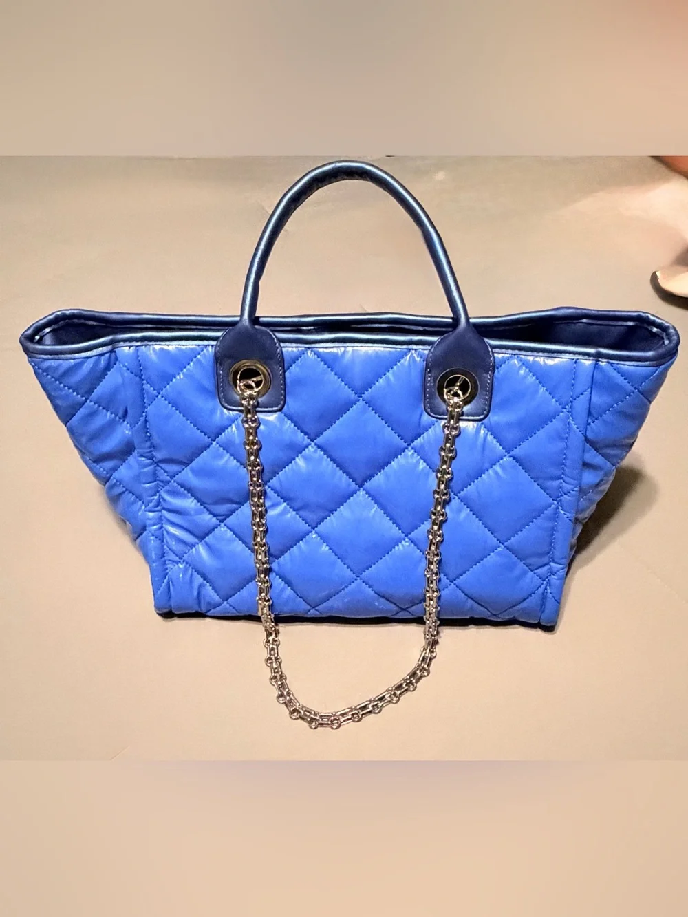 Steve Madden Quilted Royal Blue Tote with Chain Handles